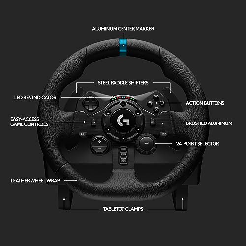 Logitech G923 Racing Wheel and Pedals, TRUEFORCE up to 1000 Hz Force Feedback, Gaming Steering Wheel PS5, PS4, PC, Mac, Genuine Leather- Black