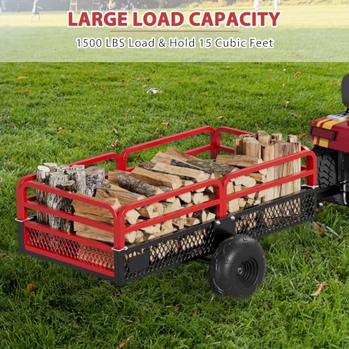 ATV Trailer Steel Dump Cart, Heavy Duty Carts with Wheels 1500lbs 15 cu. ft Capacity Utility Trailer Yard Garden Trailer W/Support feet & Removable Sides for Tractors, ATV, UTV, Lawn Mowers