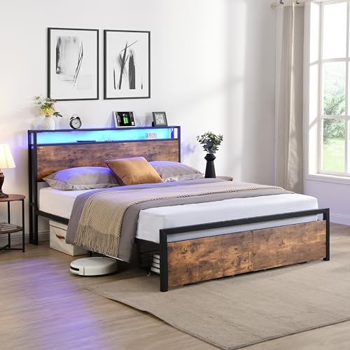 Queen Storage Headboard and 2 Drawers,Platform Bed W/Charging Station & Led Frame,No Box Spring Needed,for Bedroom,Apartment,Guest Room,Black+Brown