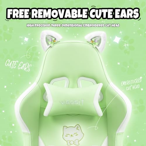 Cute Gaming Chair with Cat Paw Lumbar Cushion and Cat Ears, Ergonomic Computer Chair with Footrest, Reclining PC Game Chair for Girl, Teen, Blue