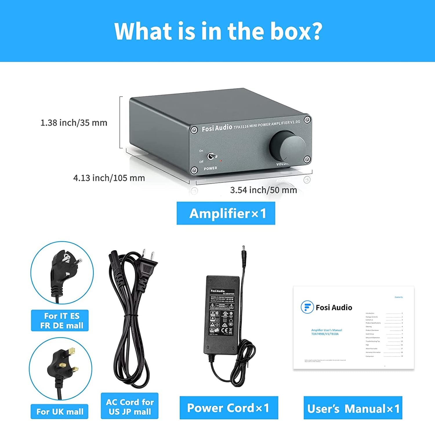 Fosi Audio V1.0G 2 Channel Class D Mini Stereo Amplifier for Home Speakers TPA3116 50W x 2 with Power Supply Pack of 2