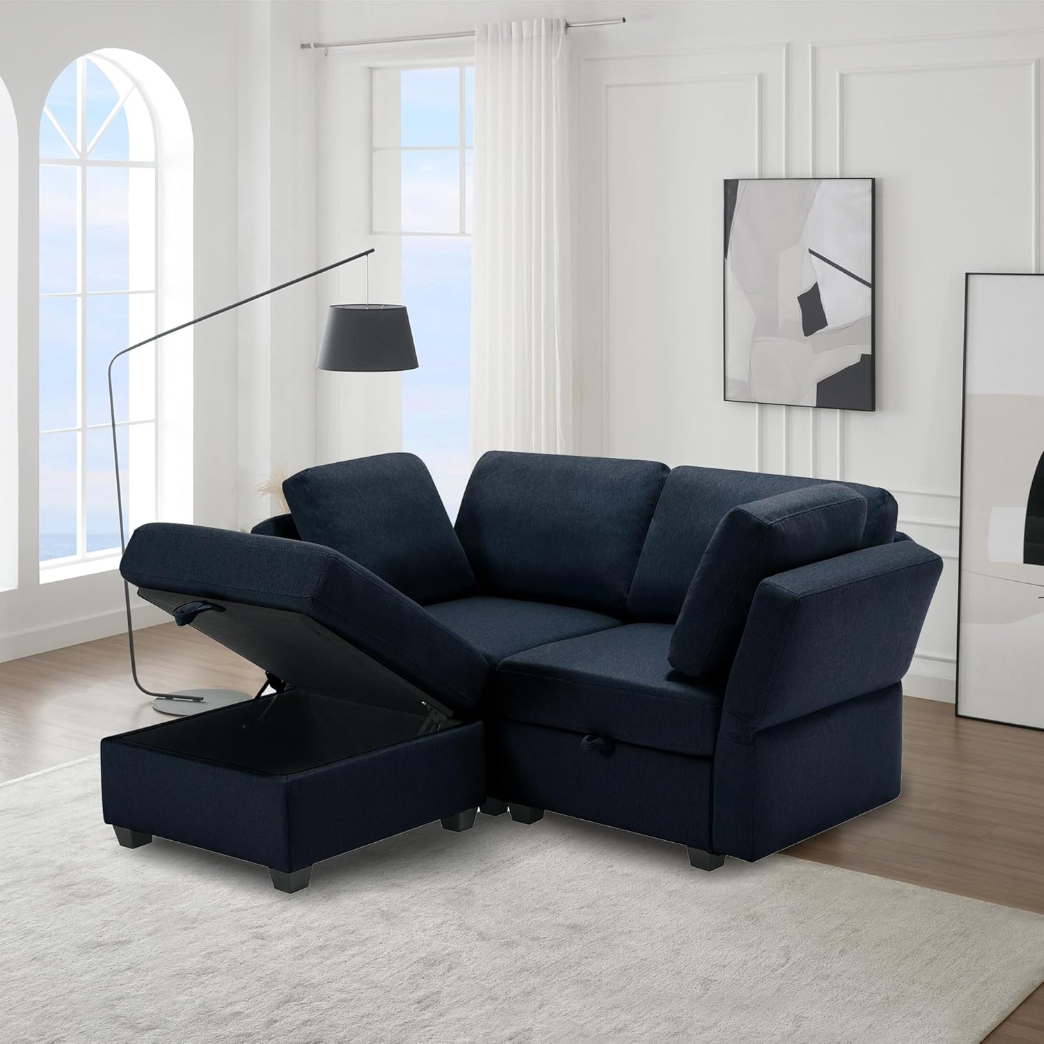 Space Saving Small Sectional Sofa with Ottoman, 2 Seater Sofa with 1 Ottoman, All Seats and Ottomans with Storage Function - Blue