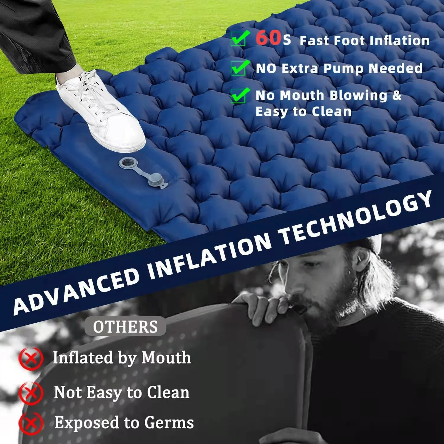 Carevas 2 Person Camping Mat with Air Pillow Portable Air Mattress Waterproof Backpacking Sleeping Pad