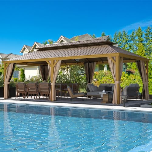 MELLCOM 12'x16' Hardtop Gazebo, Galvanized Steel Metal Double Roof Canopy with Curtains and Netting, Brown Permanent Pavilion Gazebos with Aluminum Frame for Garden, Patio, Lawns, Deck