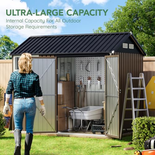 10X12X7.5 FT Outdoor Steel Storage Shed with Lockable Doors, 2 Windows, Transparent Roof Panels (Wood Panels & Frame Floor Not Included), Ideal for Patio Storage,Garbage Can, Chicken Coop，Brown