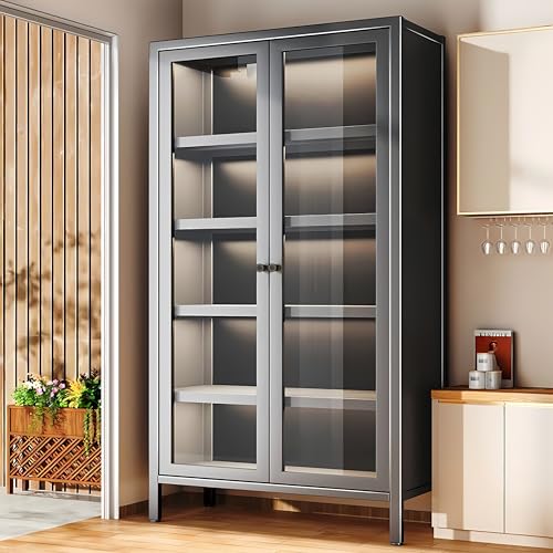 Display Cabinet with Glass Doors, 5 Tier Metal Storage Cabinet Curio Display Cabinet with Adjustable Shelves, Large Capacity Collectibles Toy Display Case for Living Room