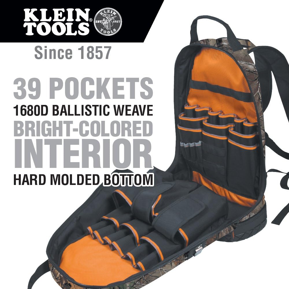 Klein Tools 55421BP14CAMO Tool Bag Backpack, Heavy Duty Tradesman Pro Tool Organizer / Tool Carrier has 39 Pockets, Molded Base, Camo Design