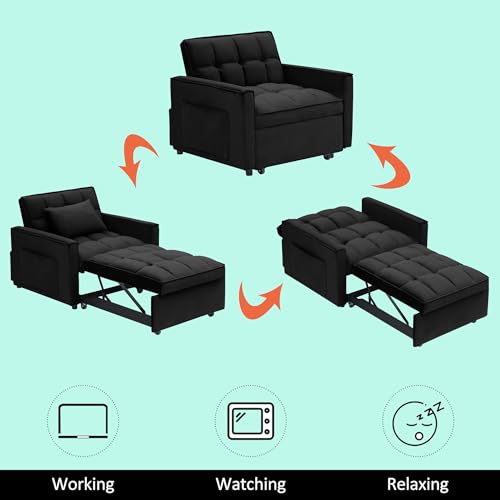 Convertible Chair Bed Sleeper 3 in 1 with Adjustable Back for Adults,Velvet Pull Out Folding Recliner Chair Bed,Single Sleeper Sofa with Pillow & Pocket for Living Room Apartment Small Spaces (White)