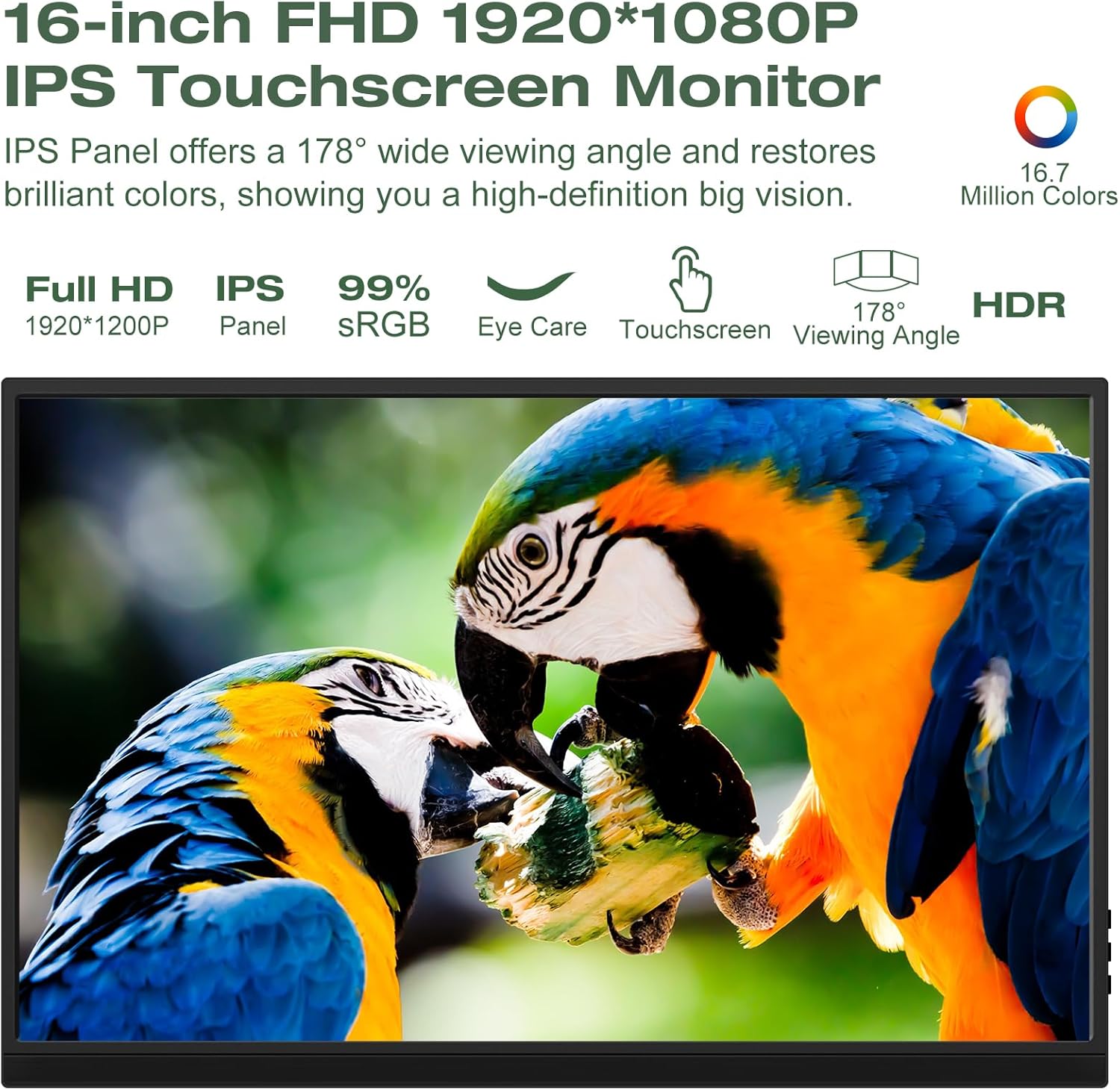 Portable Monitor Touchscreen 16 Inch FHD 1920x1200P HDMI USBC Travel Touch Screen Monitor IPS Display for PC Laptop Computer Ras Pi, 300cd/㎡, Built-in Speakers