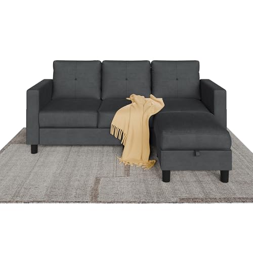 Shintenchi Convertible Sectional Sofa Couch, Modern Linen Fabric L-Shaped, 3-Seat Sofa Sectional with Storage Function Ottoman/Armrest Reversible Chaise for Living Room and Small Space (Black)