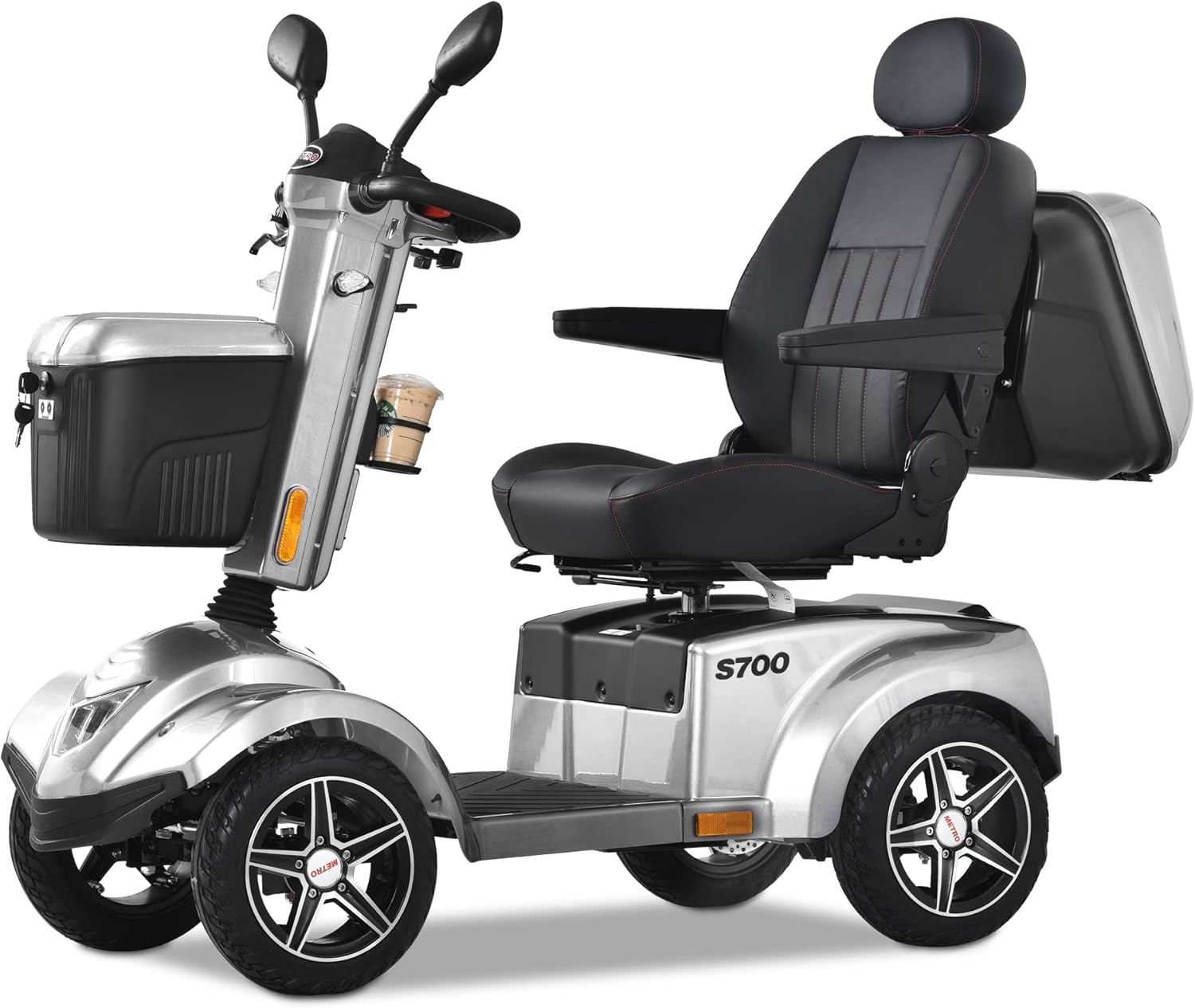 Metro Mobility Compact Travel Electric Powered Mobility Scooter for Adults and Seniors - 300 lbs Max Weight, Foldable, Lightweight, 4 Wheel, Thick Leather Seat, Large Capacity Lead-Acid Battery-Yellow