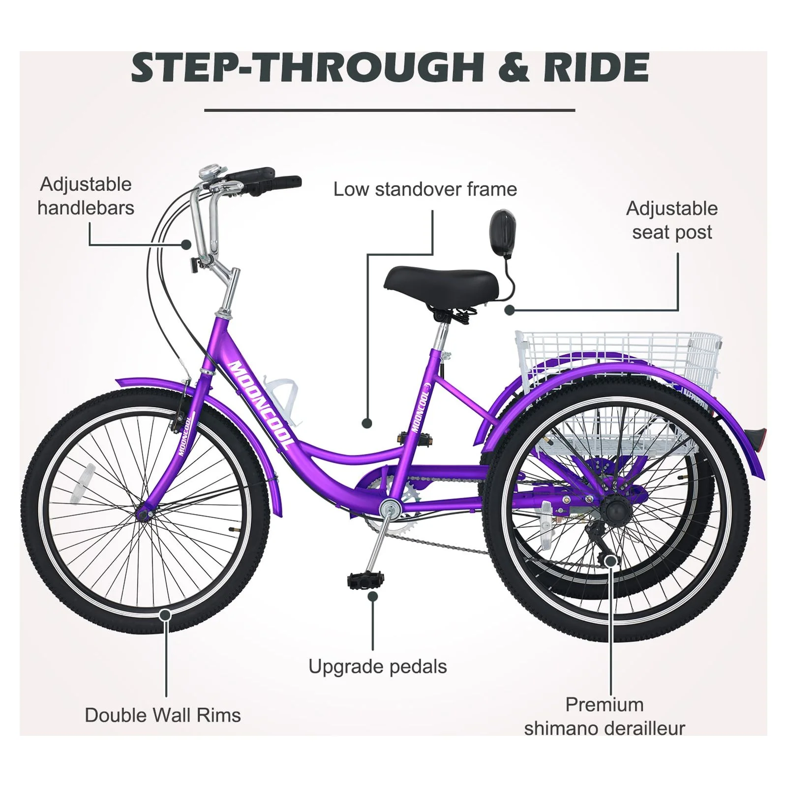 NAIZEA 20"/24"/26" Adult Tricycles, 7 Speed Three Wheel Bike Cruiser Trike with Large Basket for Men, Women, Seniors