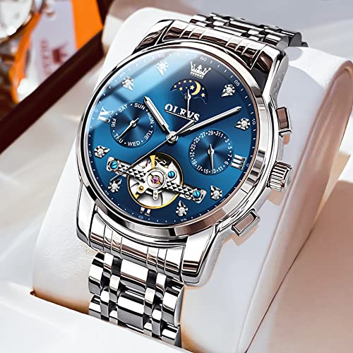 OLEVS Automatic Watches for Men Diamond Luxury Dress Tourbillion Moon Phase Two Tone Stainless Steel Luminous Waterproof Men Wrist Watch