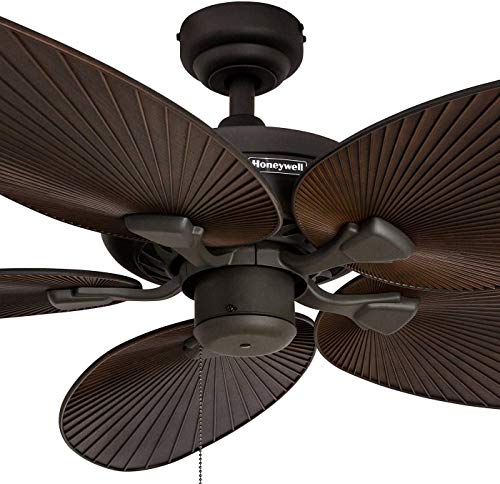 Honeywell Ceiling Fans Palm Lake, 52 Inch Tropical Indoor Outdoor Ceiling Fan with Light, Pull Chain, Three Mounting Options, 5 Palm Leaf Blades, Reversible Motor - 50509-01 (White)