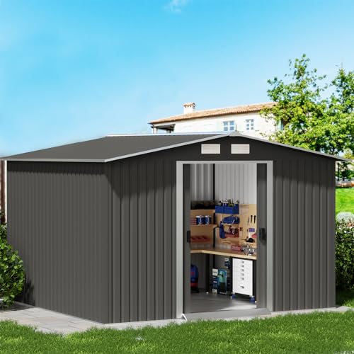 10' x 10' Outdoor Storage Shed, Garden Tool Shed with Double Sliding Door and Sloping Roof, Metal Shed House for Backyard Patio Lawn to Store Utility and Tools, Gray