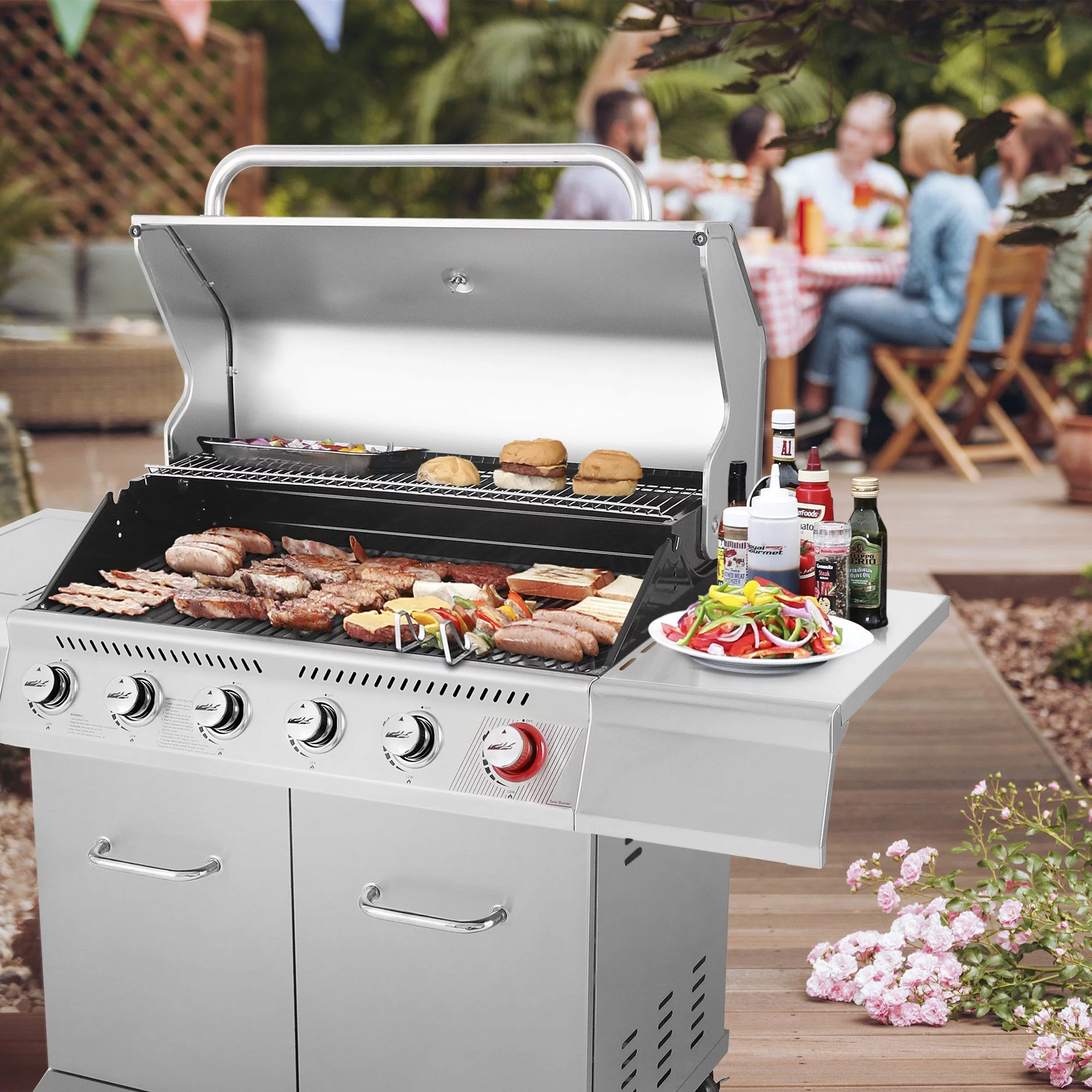 Royal Gourmet GA6402S Stainless Steel Gas Grill, Premier 6-Burner BBQ Grill with Sear Burner and Side Burner, 74,000 BTU, Cabinet Style, Outdoor Party Grill, Silver