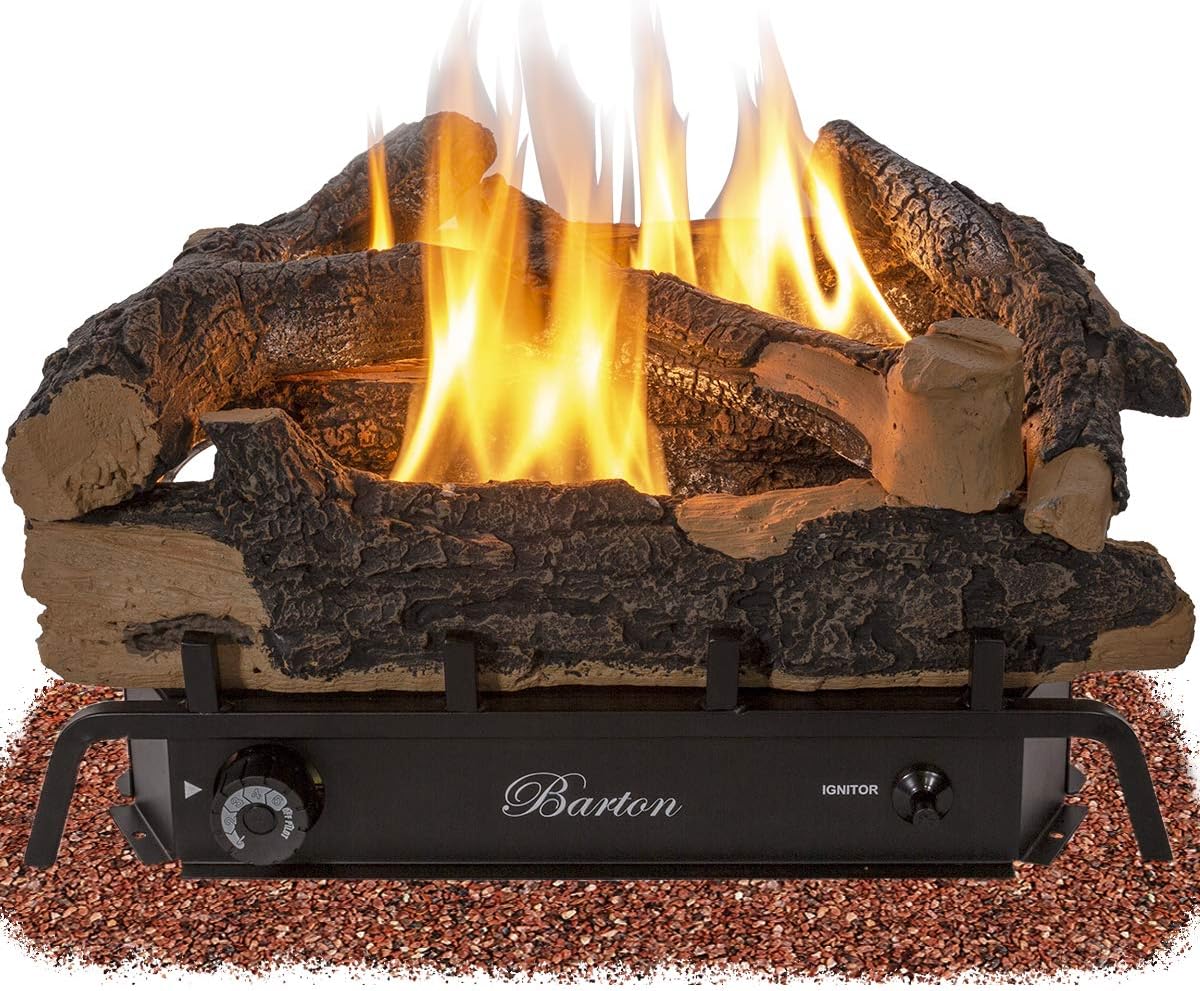 Barton 24" Premium Ceramic Log Set w/Adjustable Dual Burner 32,000 BTU Vent-Free Natural Gas Glowing Ember ANSI Indoor Fireplace Fire Wood Fake Realistic