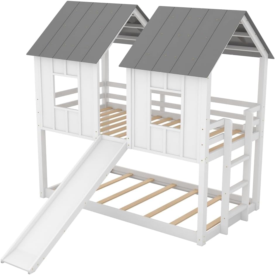 Twin Over Twin House Bunk Bed with Slide and Windows,White 2-Numbers of Package Pine Wood+MDF 14/7pcs 77.4" L*41.9" W*80" H 155Lb GX000920AAK-1