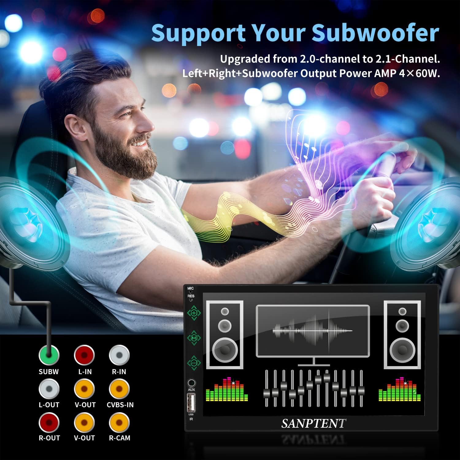 SANPTENT Double Din Car Stereo, 7-Inch Touch Screen, Compatible with iOS Carplay/Android Auto, Mirror Link, Bluetooth, Rear Camera, USB Port, Subwoofer, AM/FM Car Radio Audio Receiver