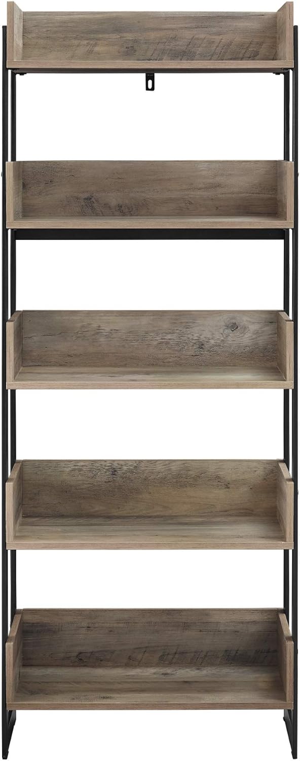 Walker Edison Addison Urban Industrial Metal and Wood 5-Shelf Bookcase, 64 Inch, Grey Wash