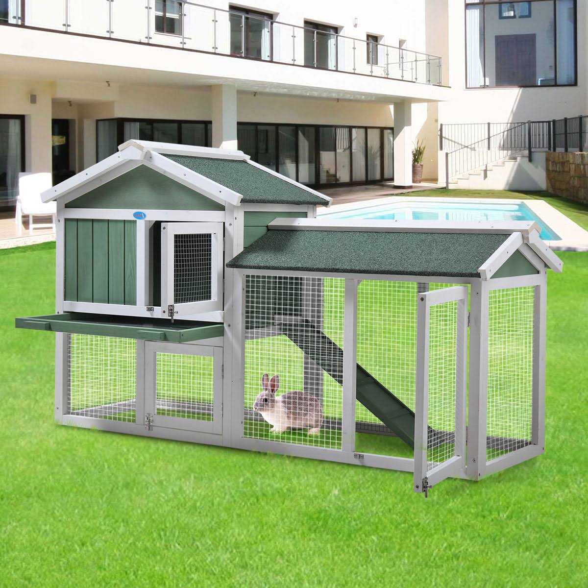 coziwow 2 Story Outdoor Wooden Chicken Coop Rabbit Hutch House Small Pet Poultry Cage-Gray u0026 White