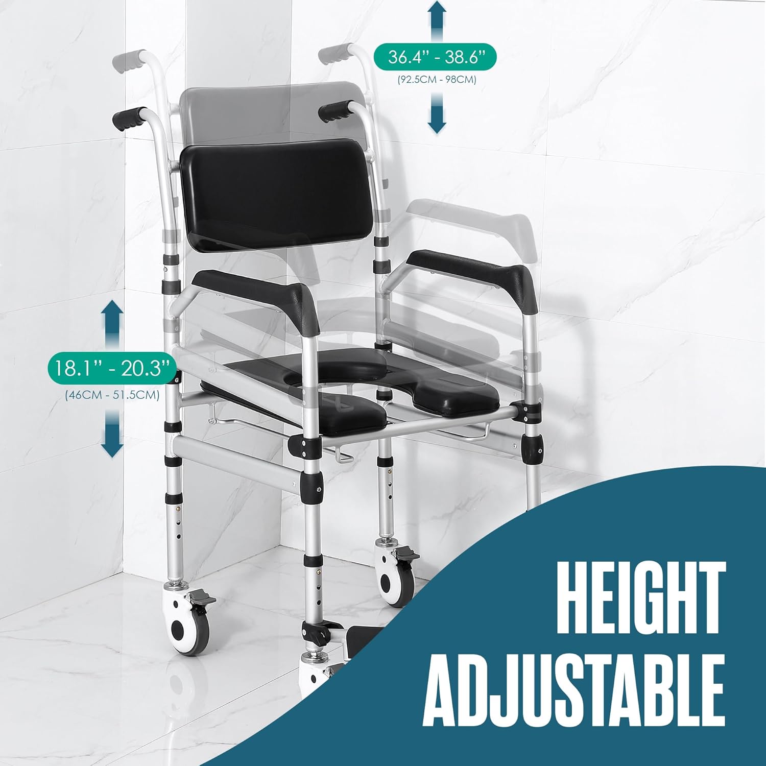 Houseables Shower Chair with Wheels, Shower Wheelchair, Rolling Shower Chair, Shower Commode Wheelchair, Bedside Toilet Chair for Elderly, Handicap Shower Chair with Wheels, Height Adjustable