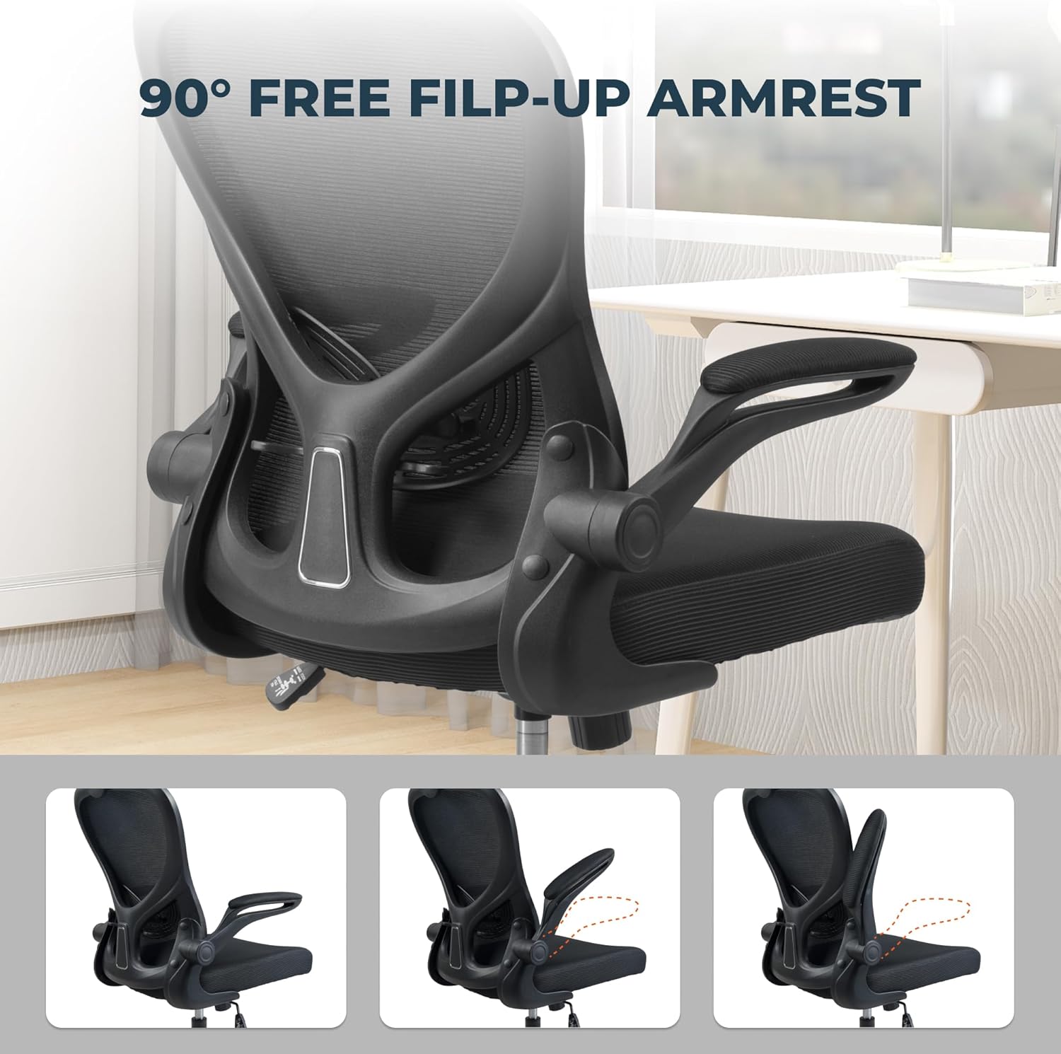 Ergonomic Office Chair, High Back Office Desk Chair with S-Shaped Backrest, Adjustable Lumbar Support, Headrest, Flip-up Armrest, Mesh Computer Chair for Home Office（Black）