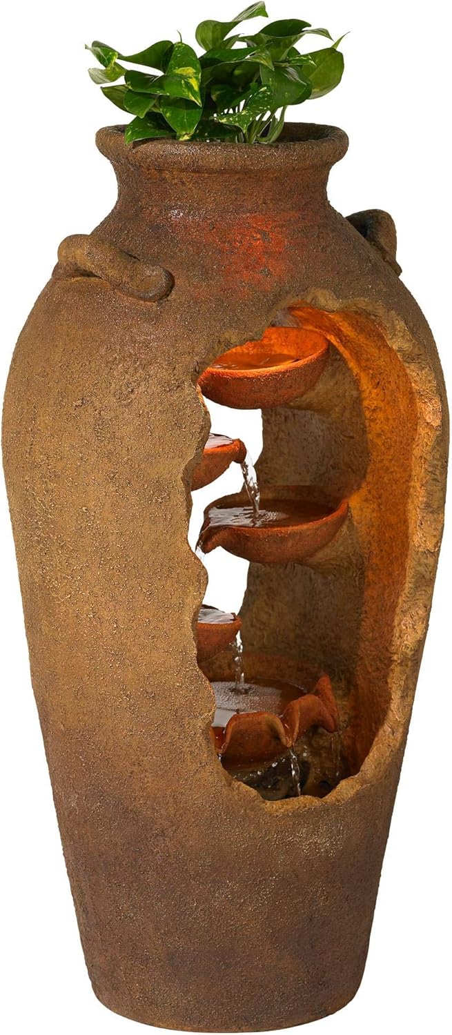 Cascade Rustic Outdoor Floor Urn Waterfalls Fountain 33" High with LED Light and Planter Decor for Garden Patio Yard Deck Home Lawn Porch House Relaxation Exterior Balcony - John Timberland