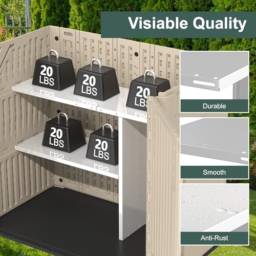 60 Cu.Ft Vertical Outdoor Storage Shed, All-Weather Resin Storage Cabinet Waterproof with Lockable Floor, Tall Backyard Shed for Patio Furniture, Garage, Garden, Pool Accessories, Porch (Khaki)