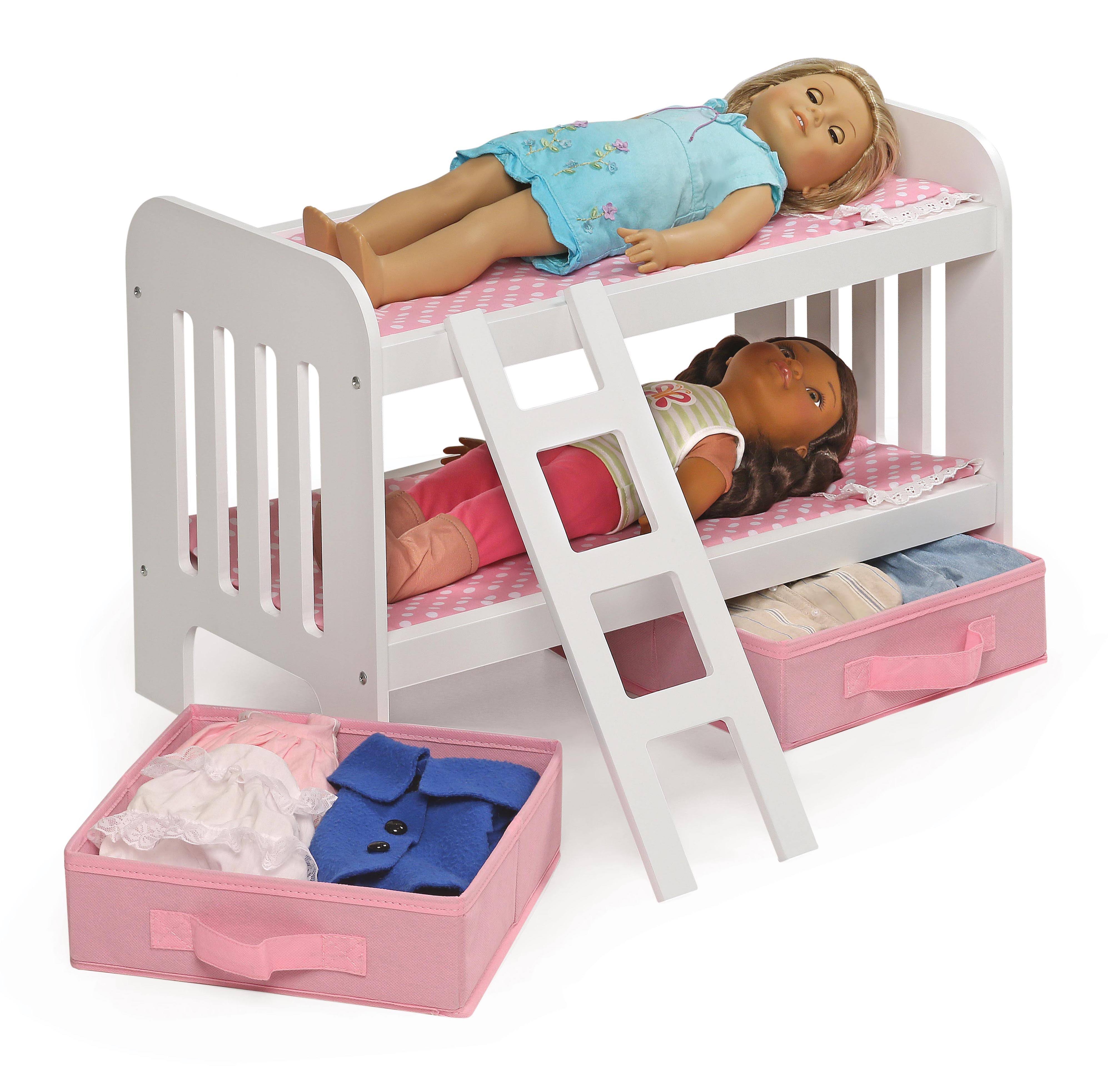 Badger Basket Doll Bunk Bed with Ladder and Two Storage Baskets - pink/polka Dot
