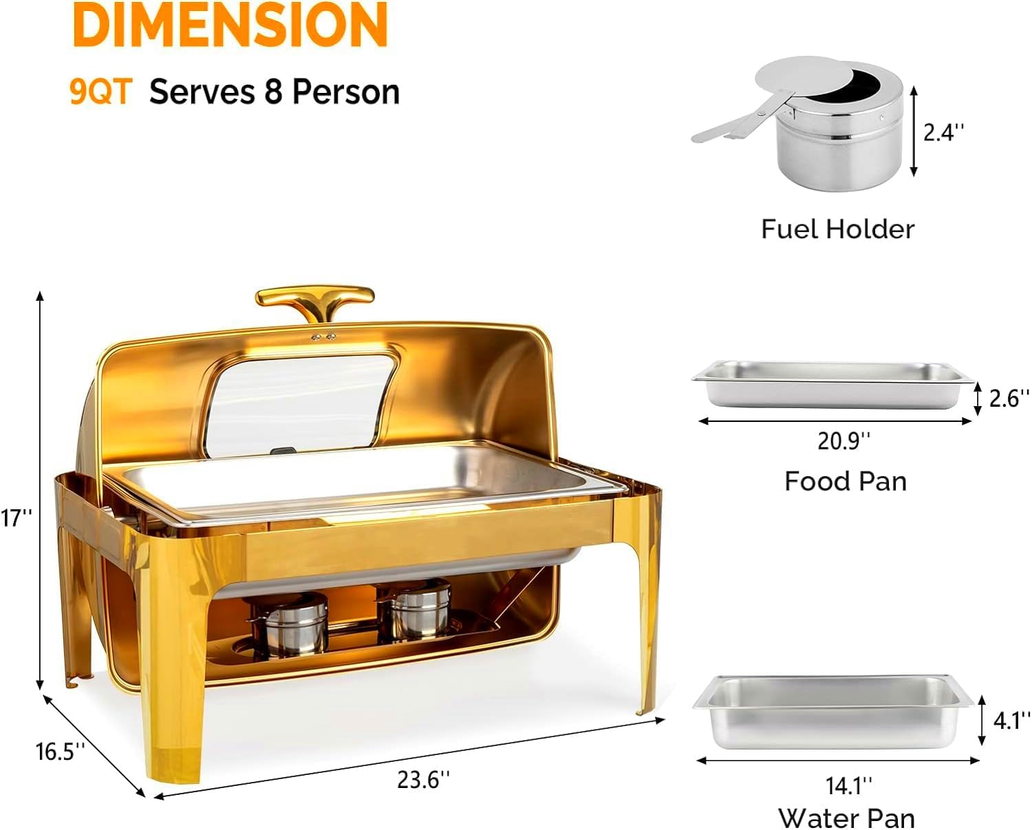 4 Packs 9QT Gold Roll Top Chafing Dish Buffet Set, Rectangular Stainless Steel Buffet Warmer Chafers and Buffet Warmers Sets with Thick Frame for Catering Events Parties Weddings Dinners,Luxury Gold