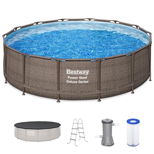 Bestway Power Steel 14’ x 42” Round Above Ground Outdoor Backyard Swimming Pool Set with 1,000 GPH Filter Pump, Ladder, and Pool Cover