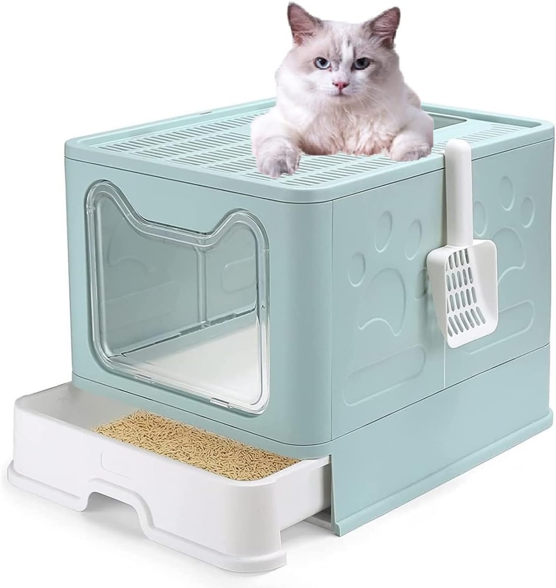 OCDAY Large Cat Litter Box with Lid, Foldable Cat Litter Box ​with Cat Litter Scoop, Drawer Type Cat Litter Pan Easy to Scoop & Clean, Self Cleaning Cat Litter Box