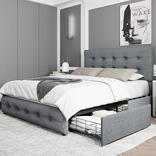 Queen Bed Frame with 4 Storage Drawers and Adjustable Headboard, Upholstered Platform Bed with Button Tufted Design, Strong Wooden Slats Support, No Box Spring Needed, Black