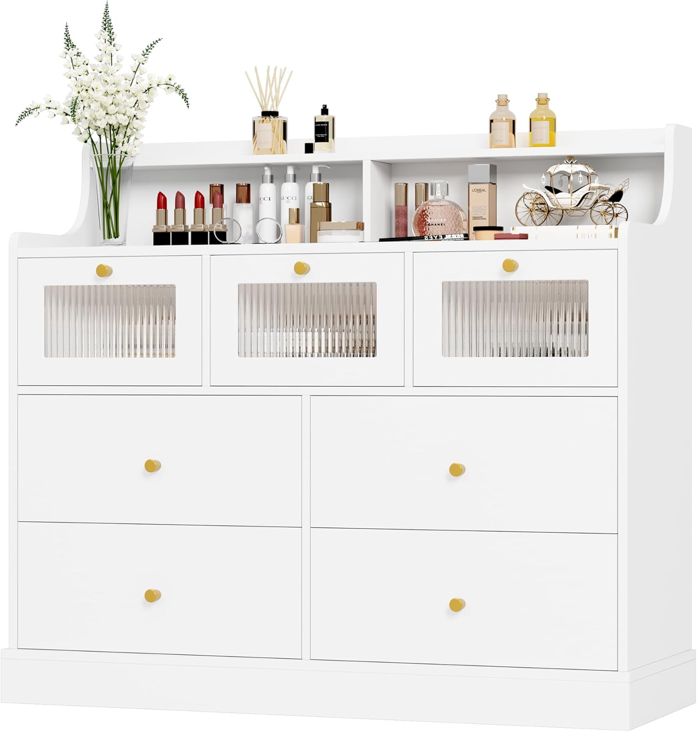 finetones 7 Drawer Dresser, White Dresser Double Dresser with Shelves, White and Gold Dresser, Wide Chest of Drawers, Dressers & Chests of Drawers, Large Wooden Storage White Dresser for Living Room