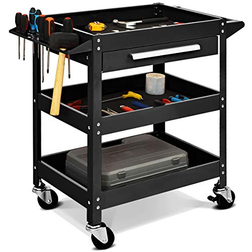 Goplus 3 Tier Rolling Tool Cart, 330 LBS Capacity Heavy Duty Utility Cart Tool Organizer with Storage Drawer, Industrial Commercial Service Tool Cart for Mechanics, Garage, Warehouse & Repair Shop