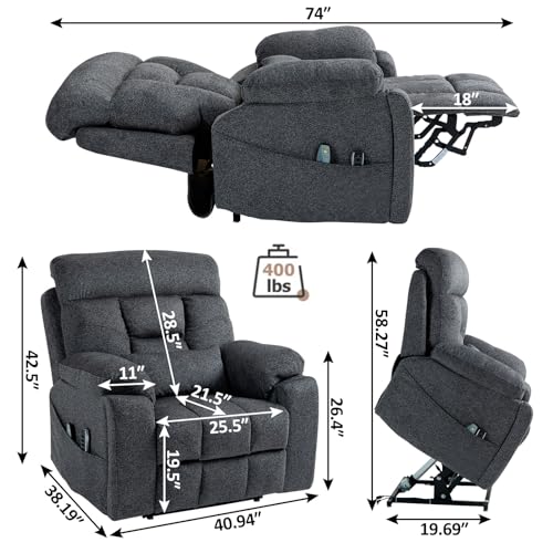 Light Grey Recliner Chair for Elderly | Tall and Big Man 400lbs | Chenille | Power Lift, Lay Flat, Stand Up, Wireless Charging Device, Extended Footrest, Massage Heat, Cup Holder, Lumbar Pillow