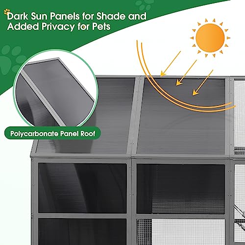 Lovinouse 71 Inch Large Outdoor Cat House, Waterproof Wooden Cats Catio Cat Cage Enclosure with Large Door, Platform and Small House