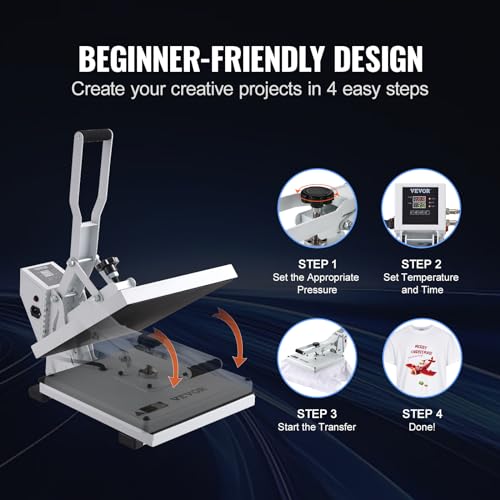 VEVOR Heat Press, Heat Press Machine for T-Shirt, Fast Heating, High Pressure Heat Press 15x15, Power Digital Industrial Sublimation Printer for Heat Transfer Vinyl, Easy to Use, White