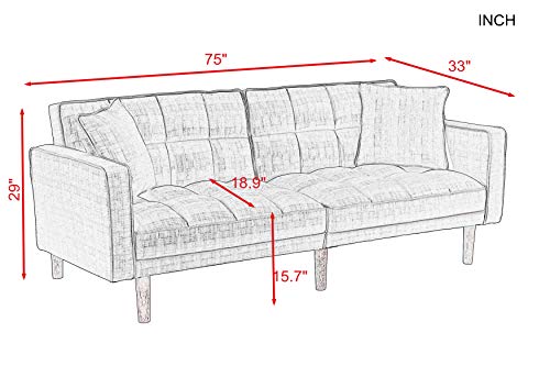 Convertible Futon Sofa Bed, Modern Linen Upholstered Folding Sofa Bed with Two Pillows, 75" Sofa Bed for Living Room Bedroom Apartment Small Space (Light Grey-Sleeper)