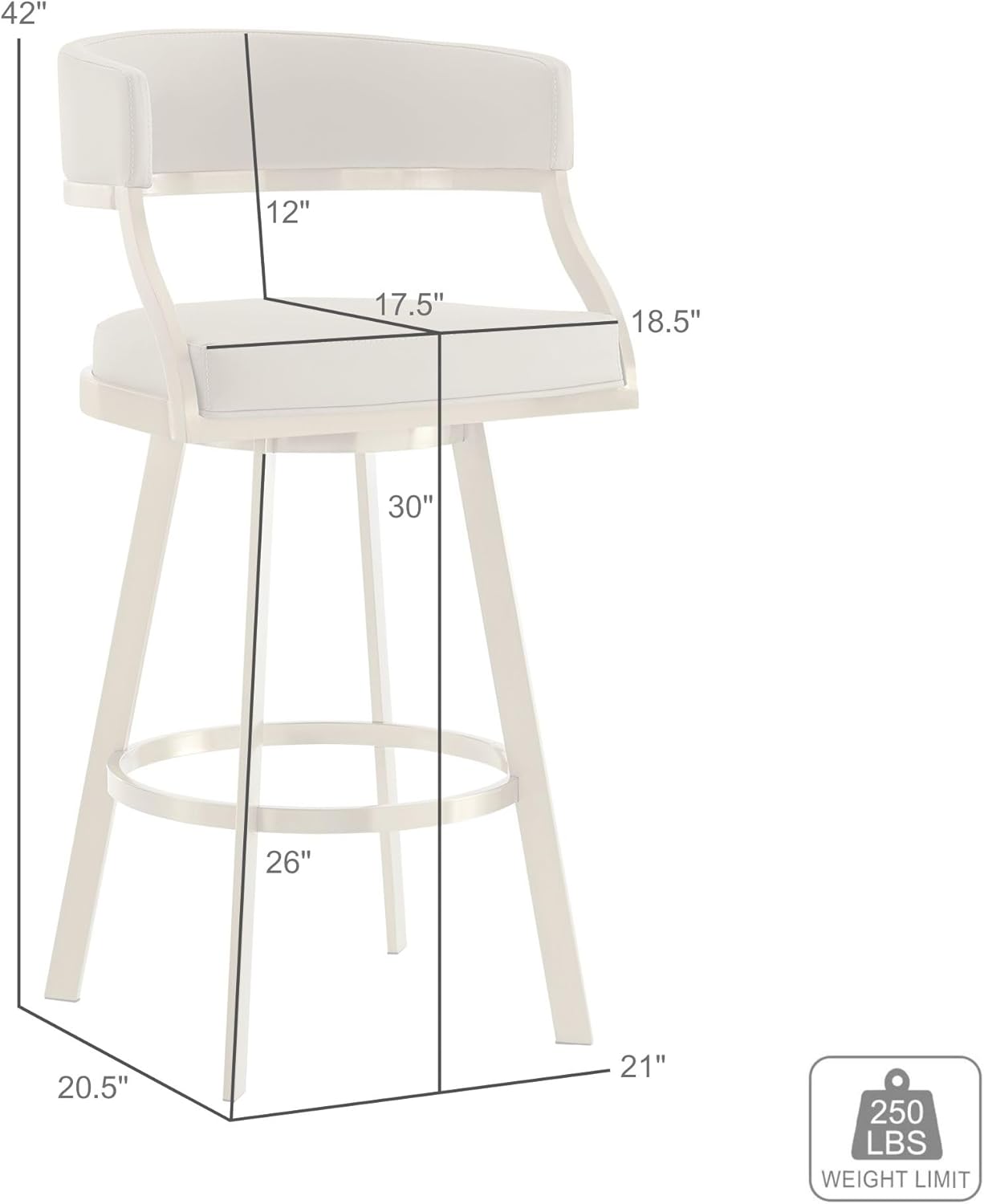 Armen Living Saturn 30" Swivel Bar Stool with Gold Brushed Stainless Steel and White Faux Leather
