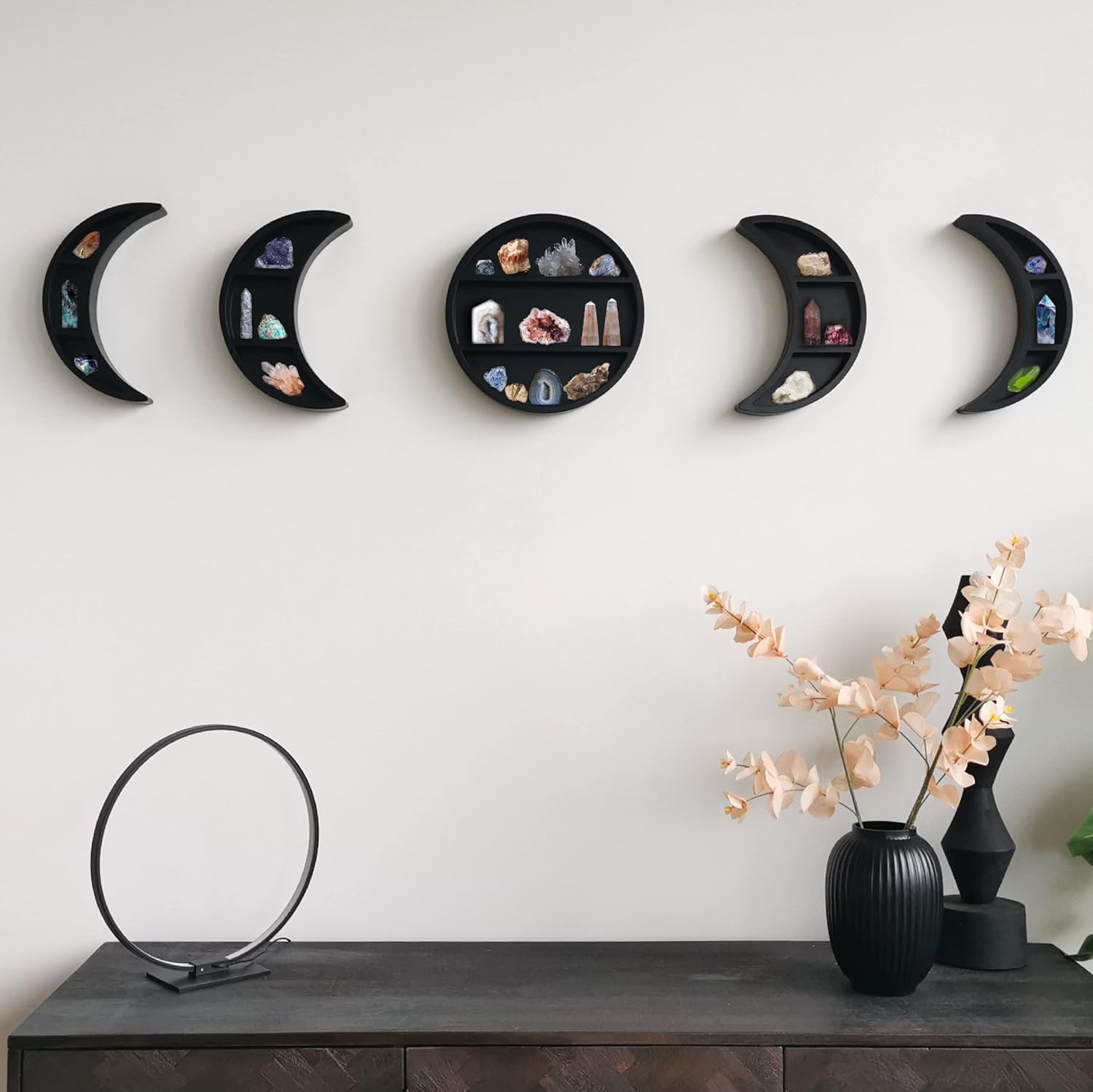 5 Pieces Moon Phase Shelf Set - Phases of The Moon Wall Decor - Crescent White Moon Shelf for Crystals - Moon Phase Wall Decor Crystal Shelf Display - Boho Nursery Decor Shelf for Kids Baby Bedroom Pack of 2