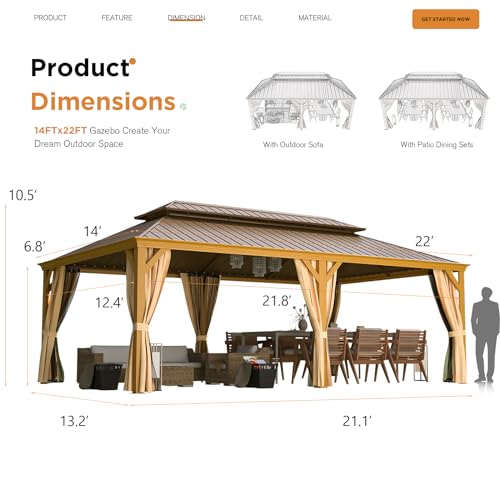 EROMMY 14'x20' Hardtop Gazebo Double Roof Galvanized Steel Canopy Outdoor Aluminum Frame Permanent Metal Pavilion with Netting and Curtains for Patio Backyard Deck and Lawns