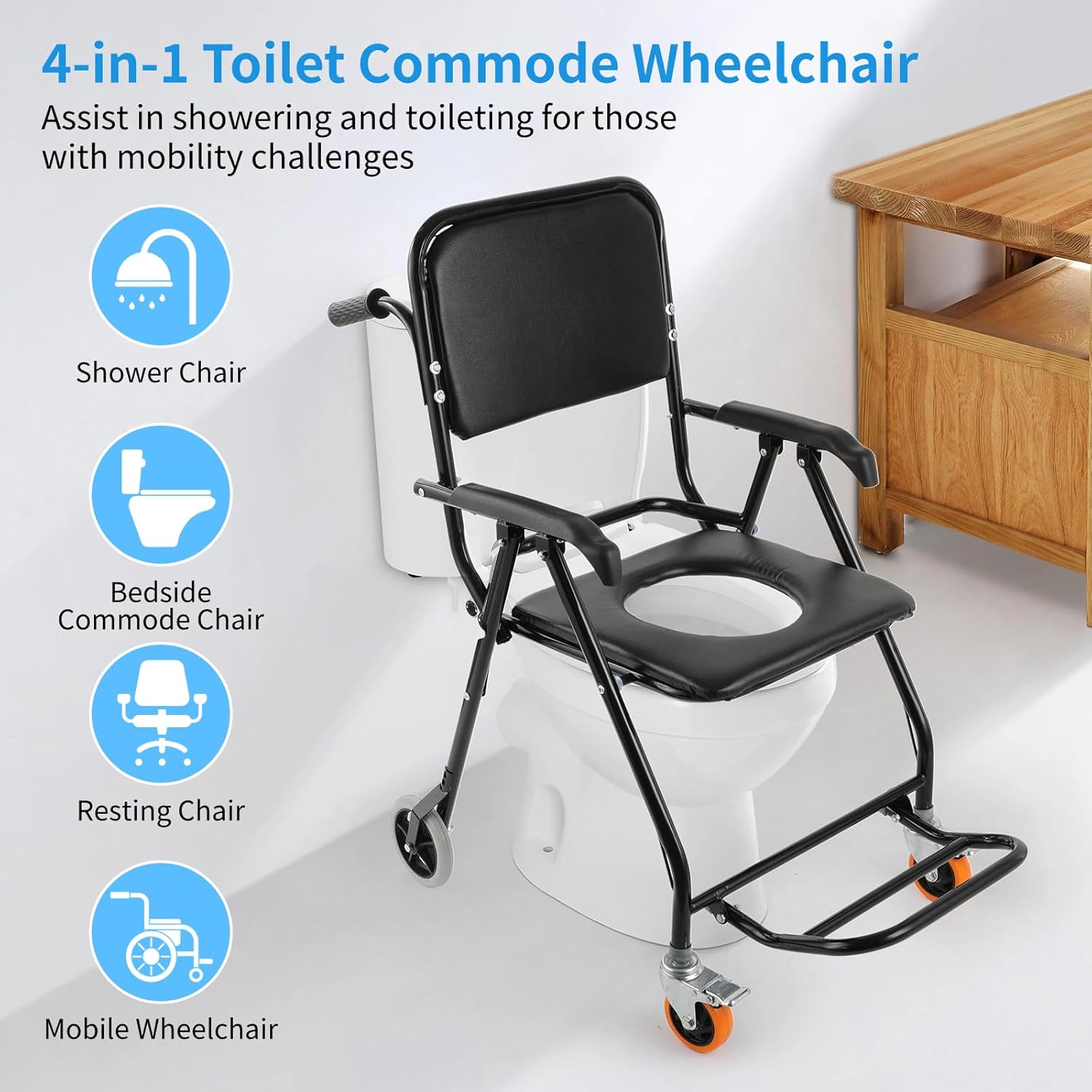 4-in-1 Bedside Commode Shower Wheelchair, Mobile Shower Commode Chair with Lockable Wheels, Foldable Potty Chair with 3 Rolls Bags, Armrests & Footrest for Elderly and Disabled-300lbs