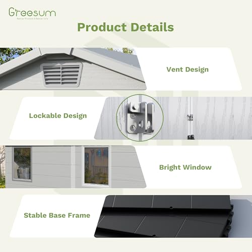 Greesum 6×8FT Plastic Outdoor Storage Shed with Floor, Resin Storaged Sheds with Lockable Double Door, Windows & Vents, All-Weather Tool Sheds for Garden, Backyard, Patio, Light Gray