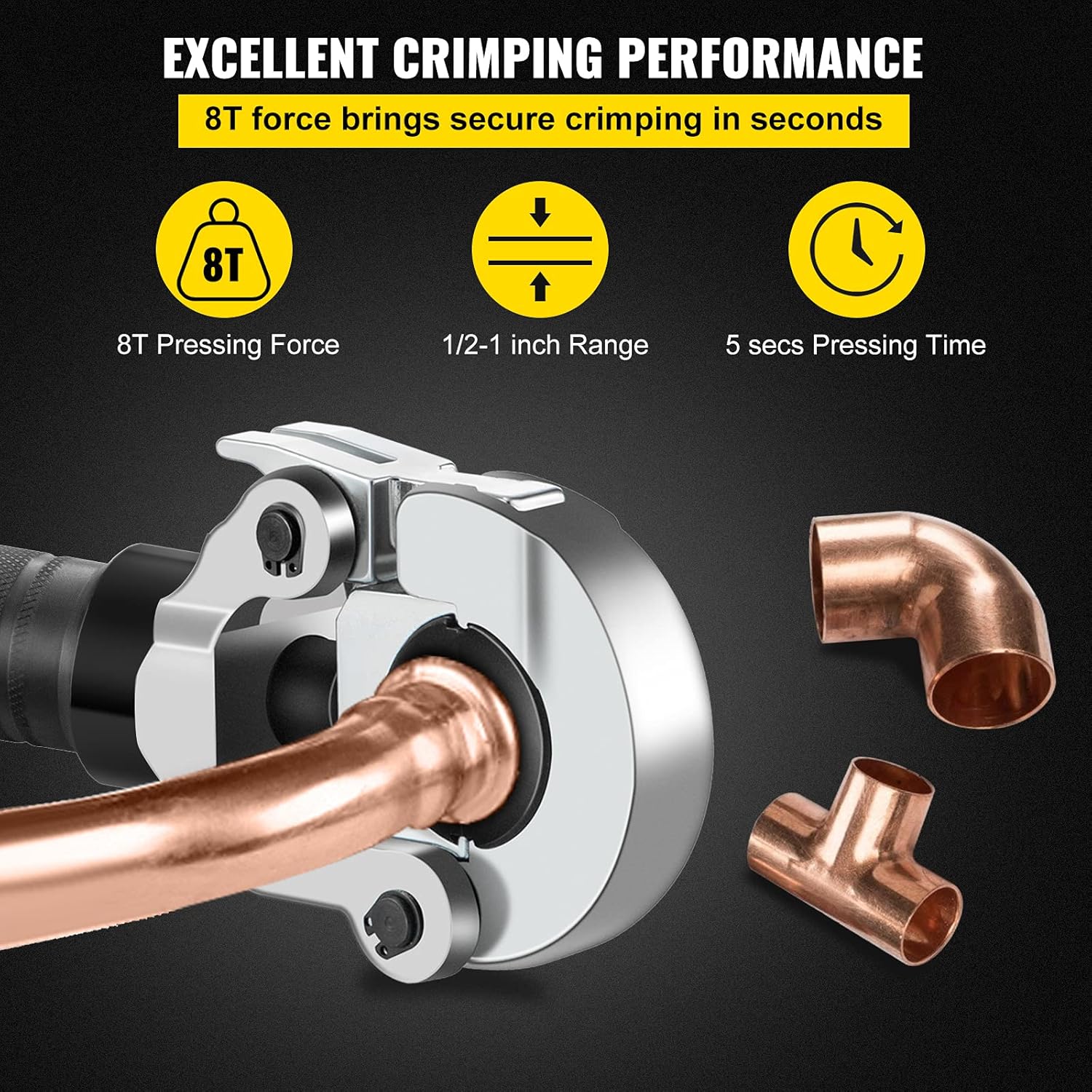 VEVOR Hydraulic Pipe Crimping Tool, 8T Hydraulic Copper Tube Fittings Crimper, Copper Pipe Crimper 40CR Steel, Copper Crimping Pliers with Jaws 1/2"(12.7mm), 3/4"(19.05mm), 1"(25.4mm)