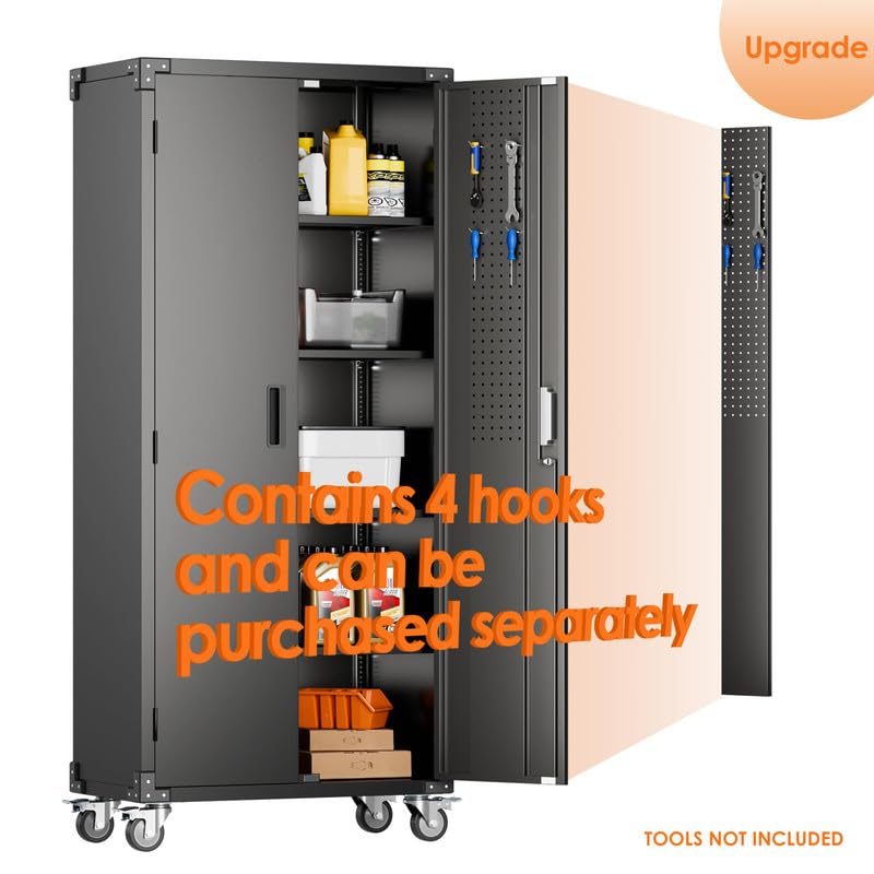 Aobabo Garage Storage Cabinet with Wheels,72" H Metal Storage Cabinet with 2 Doors and 4 Adjustable Shelves for Garage Home, Black,Required-Assembly