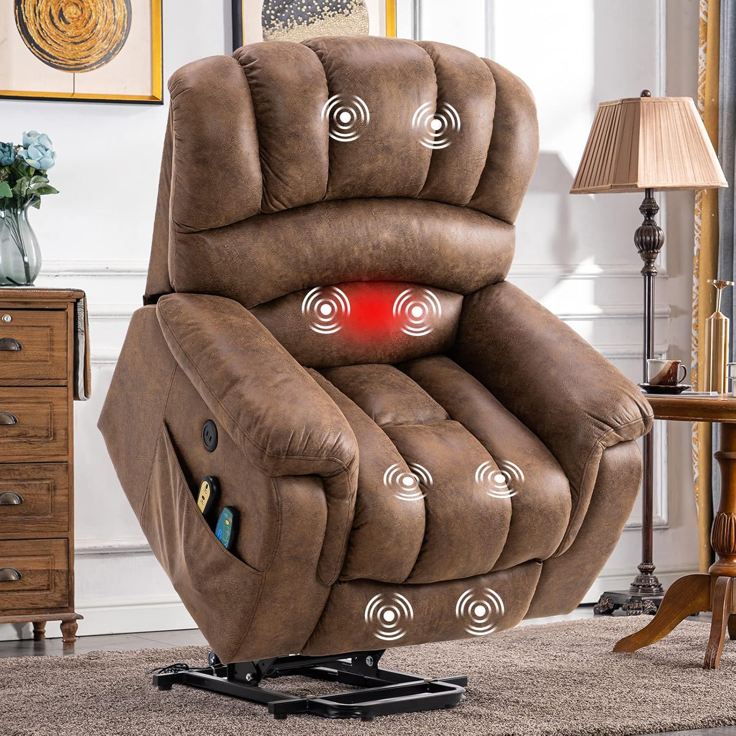 Large Electric Power Lift Recliner Chair for Elderly Big People, Heated Massage Motorized Reclining Sofa, Wide Recliners with 2 Remote Controls, Side Pockets & USB Ports, Brown