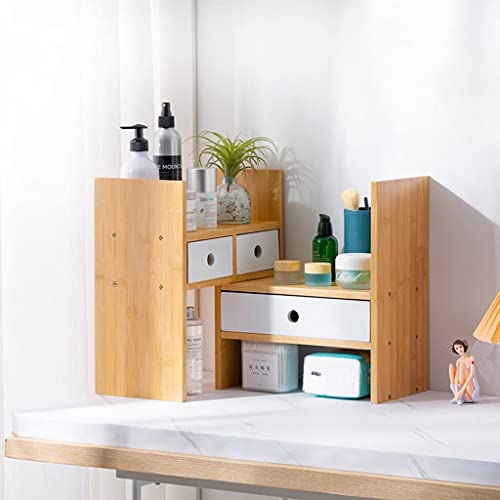 Bookcase Bamboo Desktop Bookshelf with Drawer Expandable Desk Organizer Multifunctional Display Shelf Rack for Office and Home High Capacity, 77*35cm