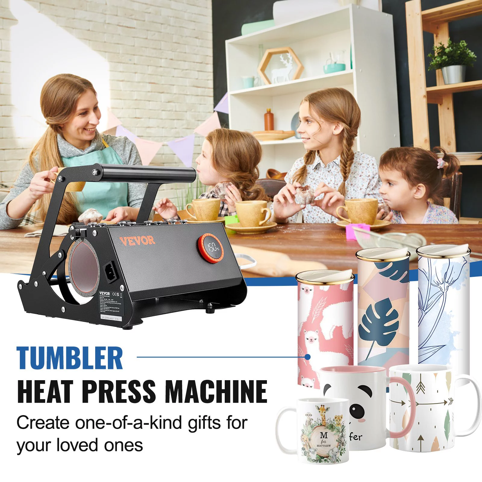 VEVOR Tumbler Heat Press, 30oz Mug Heat Press Machine Sublimation Transfer 11-15oz 16-25oz 30oz Straight Skinny Tumblers, Cup Heat Press with Heat-Resist Gloves & Tape, DIY Ceramic Mugs Cups Glasses